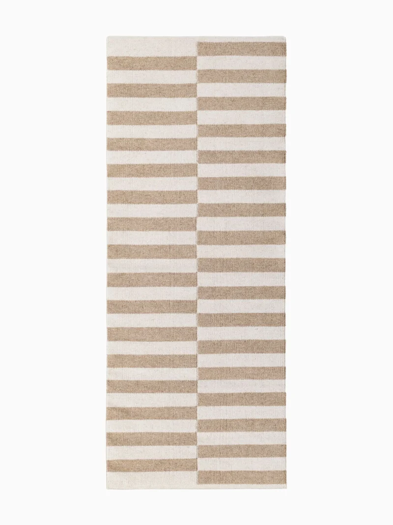 Handgefertigter Wollteppich Vika Beige Natur Weiß Läufer Gestreift