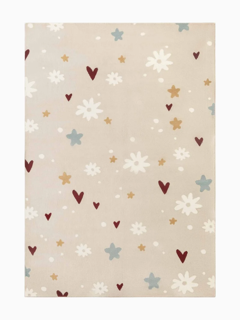 Kinderteppich Blümchen Herzen Beige