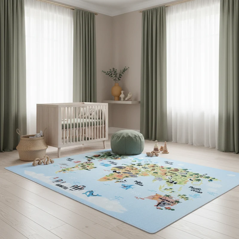Kinderteppich Flachgewebe Weltkarte mit Tieren – Rutschfest & Waschbar für Kinderzimmer