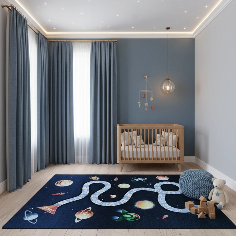 Kinderteppich Flachgewebe Weltraum – Rutschfest & Waschbar für Kinderzimmer