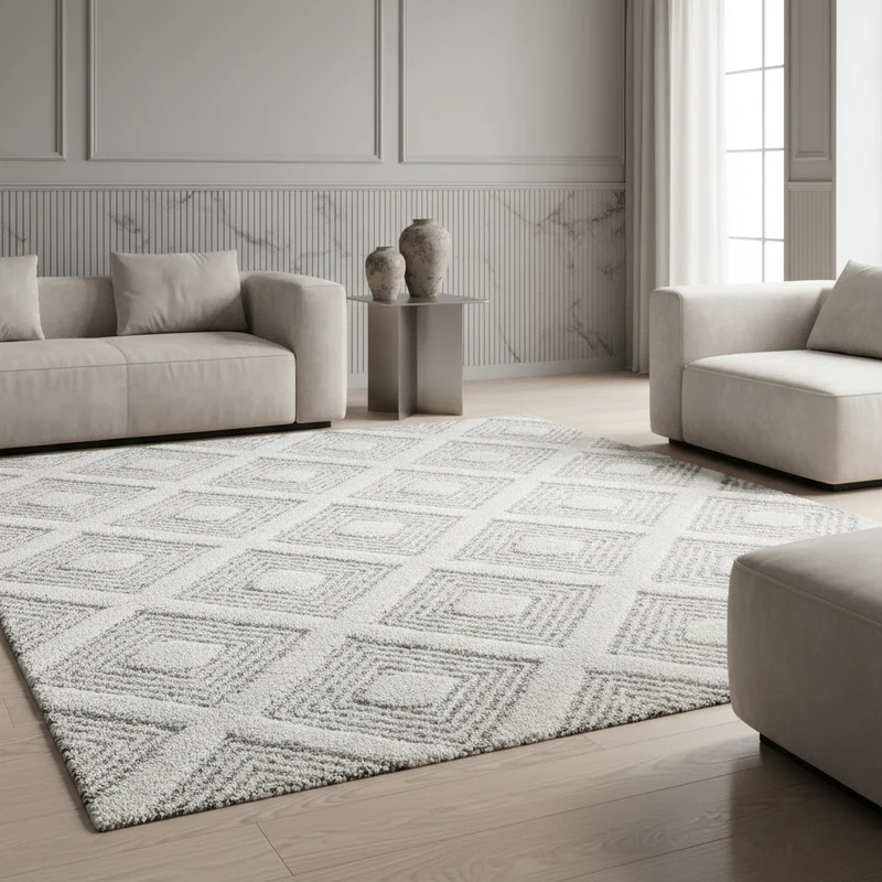 3D Hochflor-Teppich Rauten mit Punktstruktur – Waschbar | Hoch-Tief-Effekt | 2,00 cm Florhöhe für Wohnkomfort