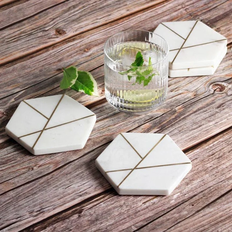 Hexagonal Marble Coasters, Set of 4 - Gold Lines