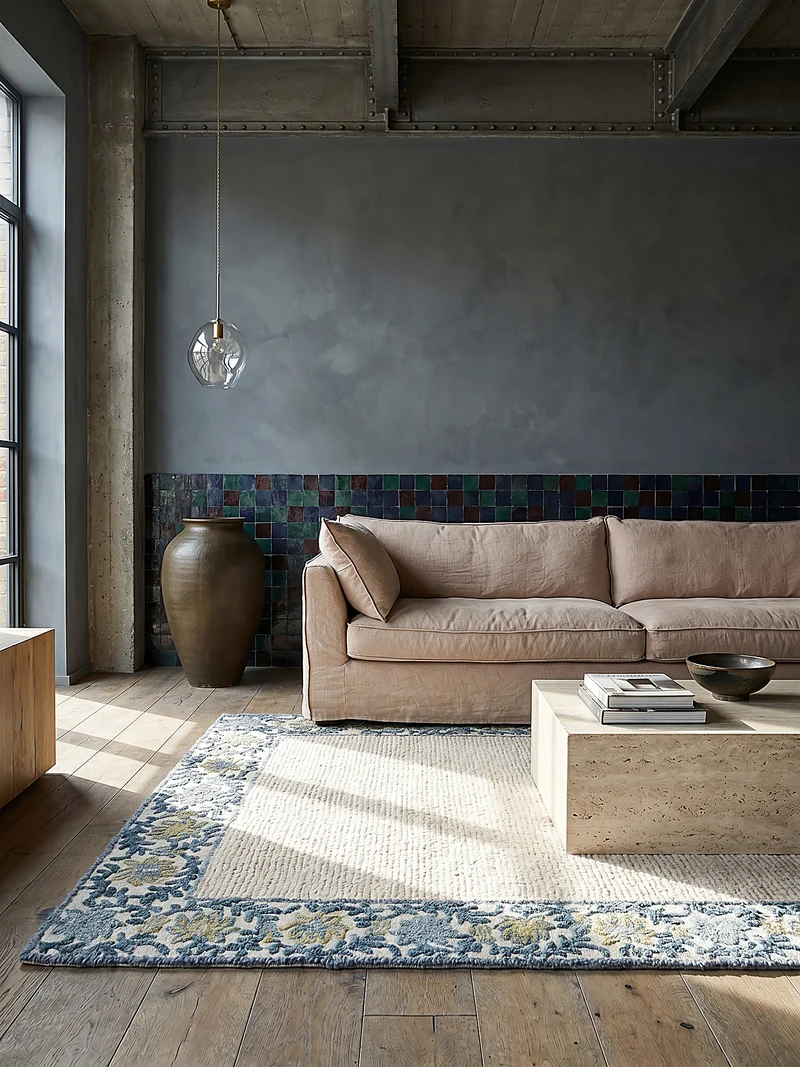 Teppich Kurzflor Unifarben, Floral Bordüre, Wohnzimmer