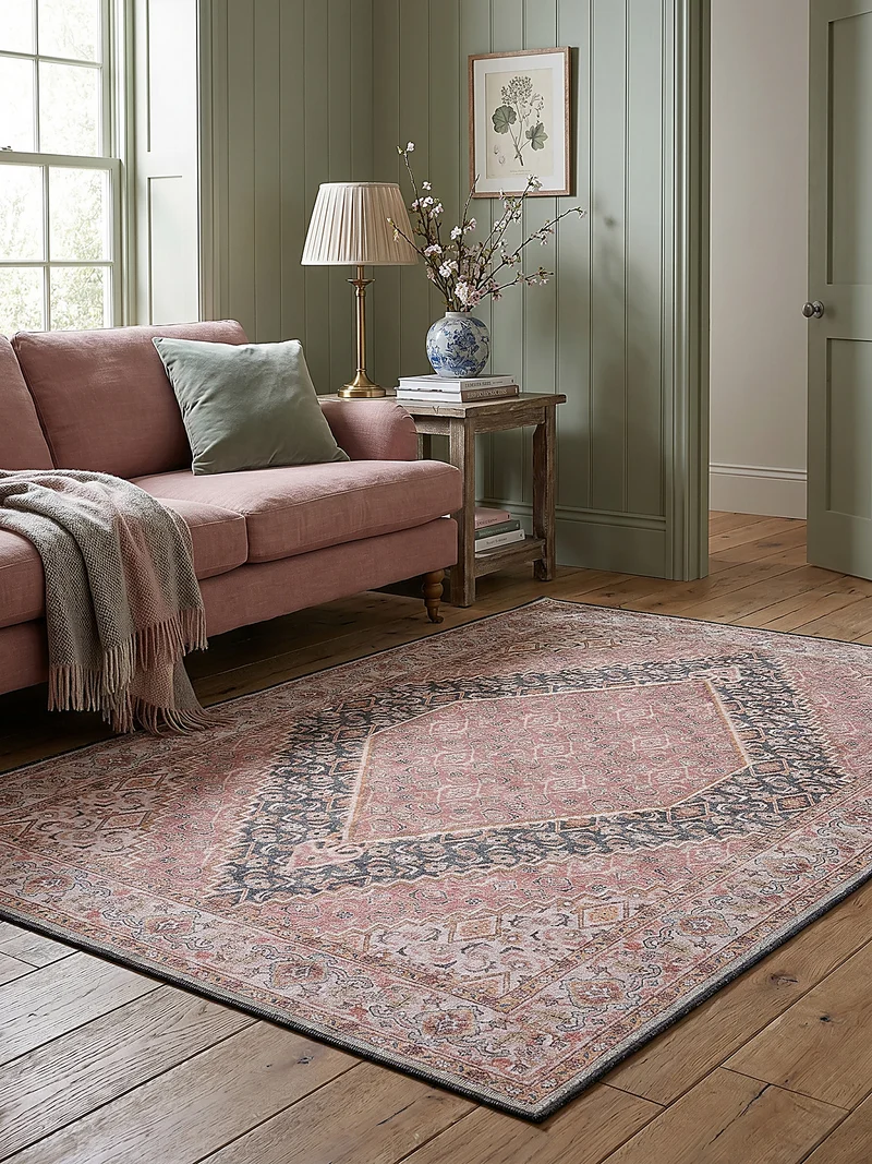 Waschbarer Flachgewebe-Teppich · Medaillon Rosa-Blau