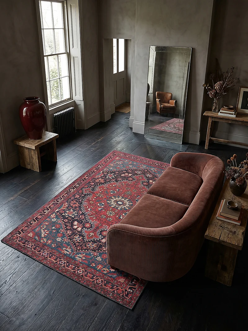 Waschbarer Flachgewebe-Teppich · Medaillon Rot