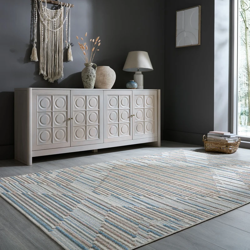 Flachgewebe-Teppich Linienrauten · waschbar · Blau-Beige