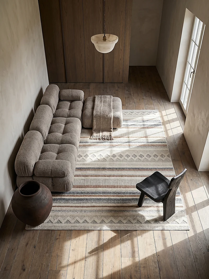 Flachgewebe-Teppich Boho-Streifen · waschbar · Grau-Beige